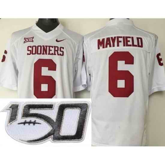 Oklahoma Sooners 6 Baker Mayfield White College Football Stitched 150th Anniversary Patch Jersey